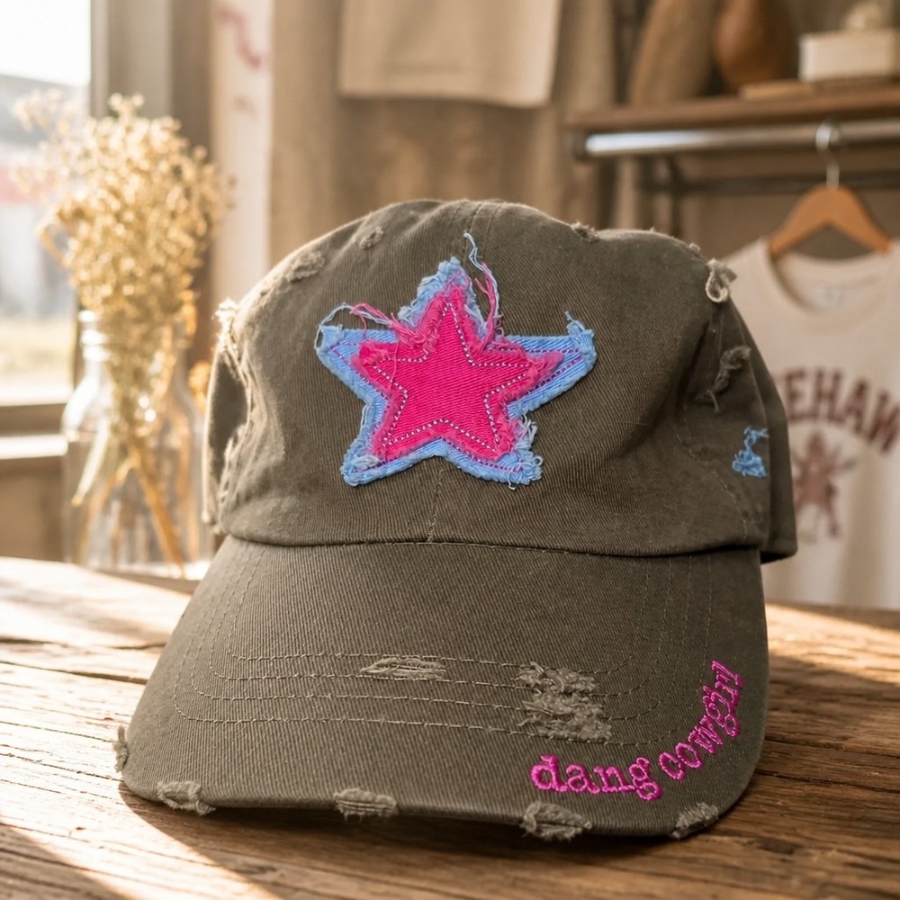 Dang Chicks Cowgirl Brown Distressed Baseball Cap Pink Star OS